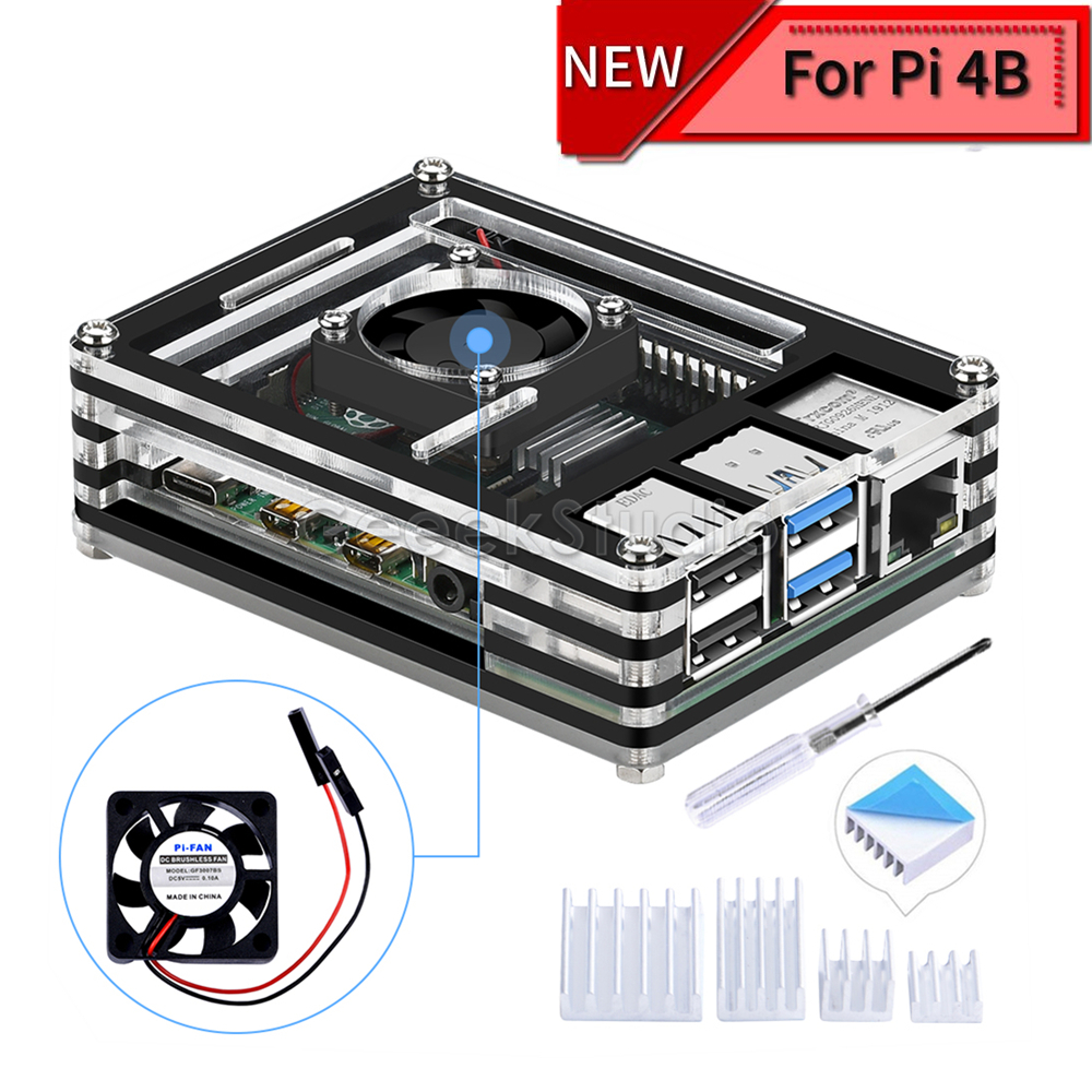 Acryl Transparant/Clear & Black Case Cover voor Raspberry Pi 4 Model B, met Koelventilator voor Raspberry Pi 4B