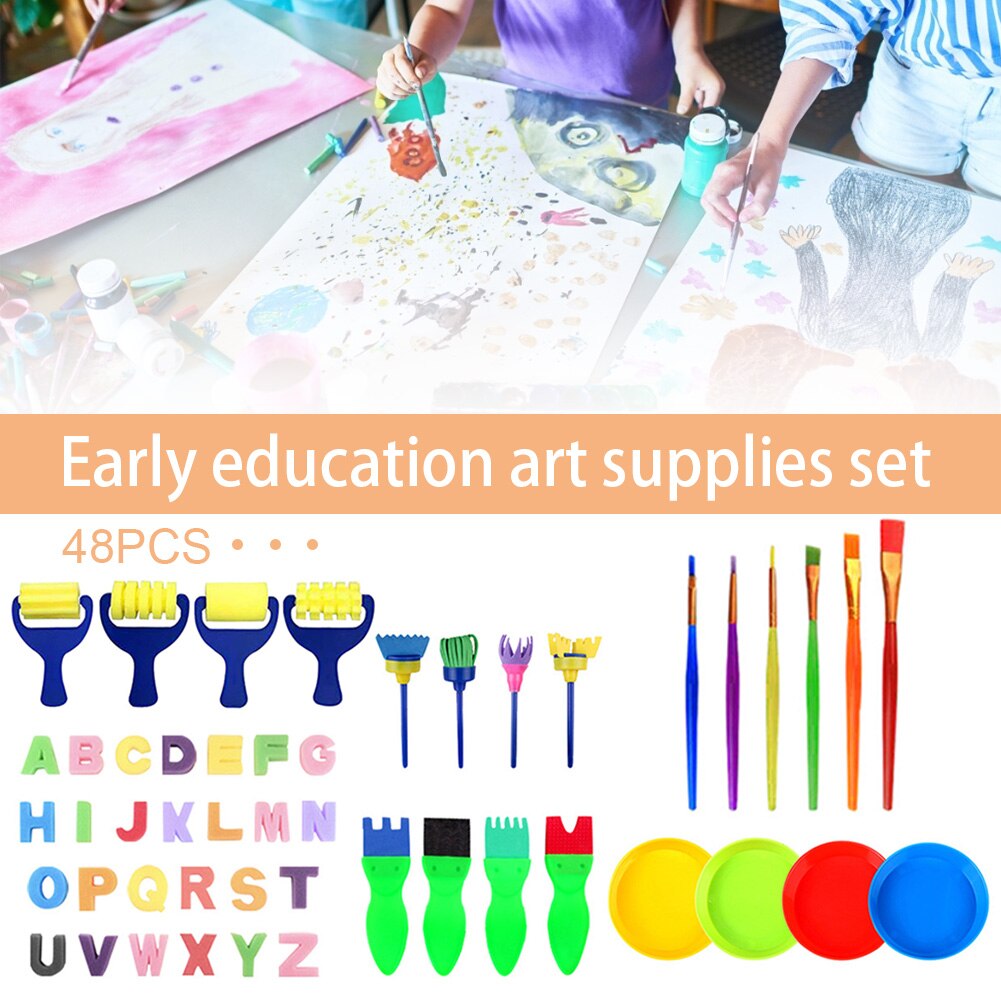 48pcs School Kids Sponge Paint Brushes Kit For Child Home Watercolour Early Learning Multifunction DIY Practical Graffiti