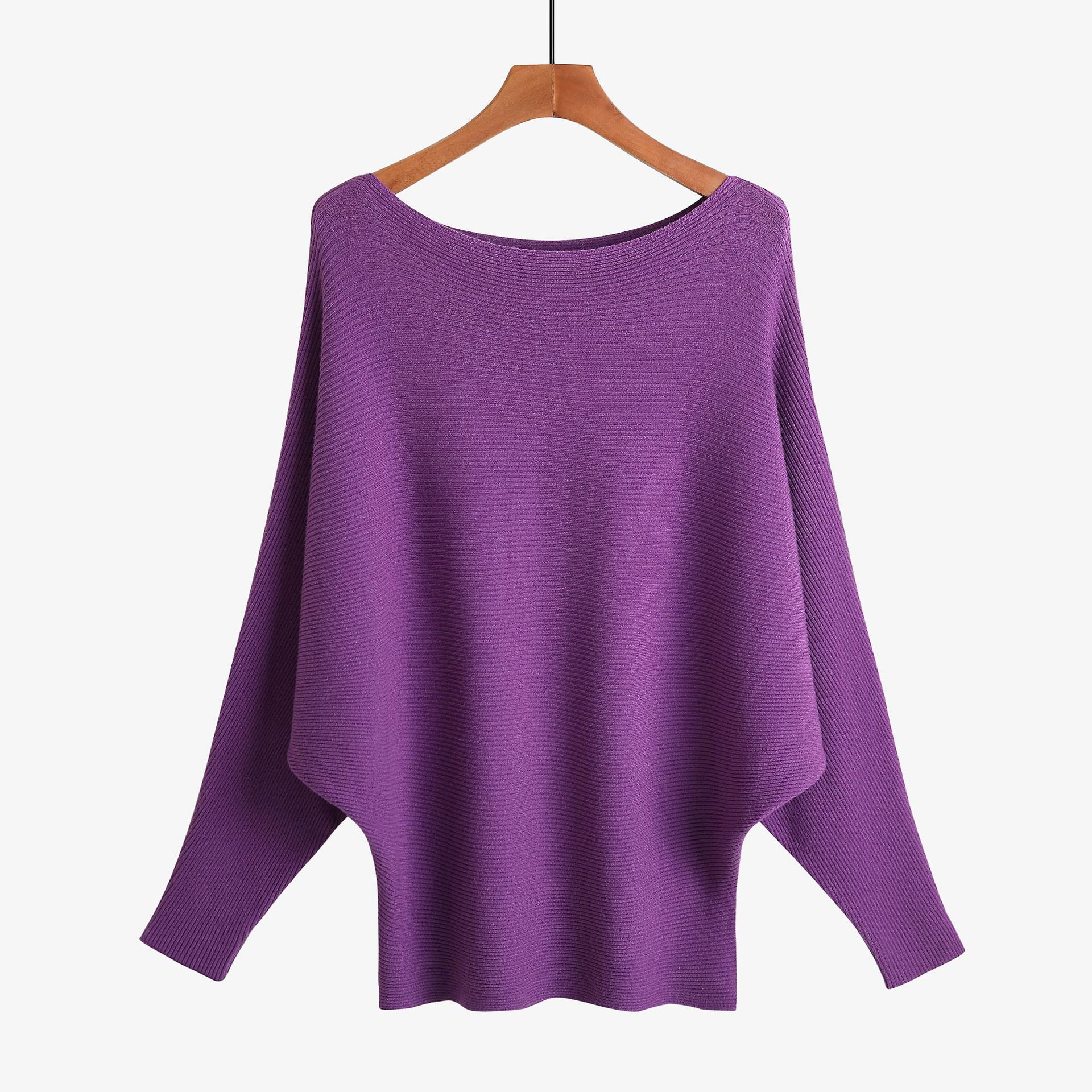18 kvinder flagermusærmer vinter efterår strikvarer løs fint garn pullover strik strikket skrå hals blød sweater: Lilla
