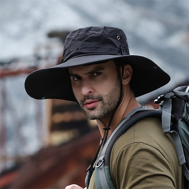 Outdoor Travelers Fisherman Hat Man Wide Brim Hat Waterproof Boonie Hat Camping Cowboy Men Bucket Hat Breathable Anti UV Sun Cap: black