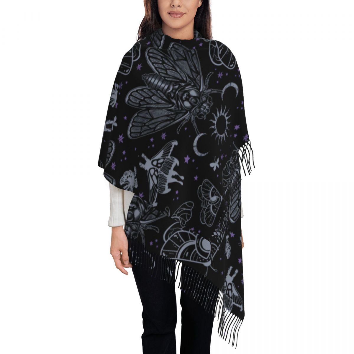 Bufanda celestial con estampado personalizado de cigarra esotérica y polilla, bufandas cálidas para hombres y mujeres, chales góticos con de sol y luna: Beige