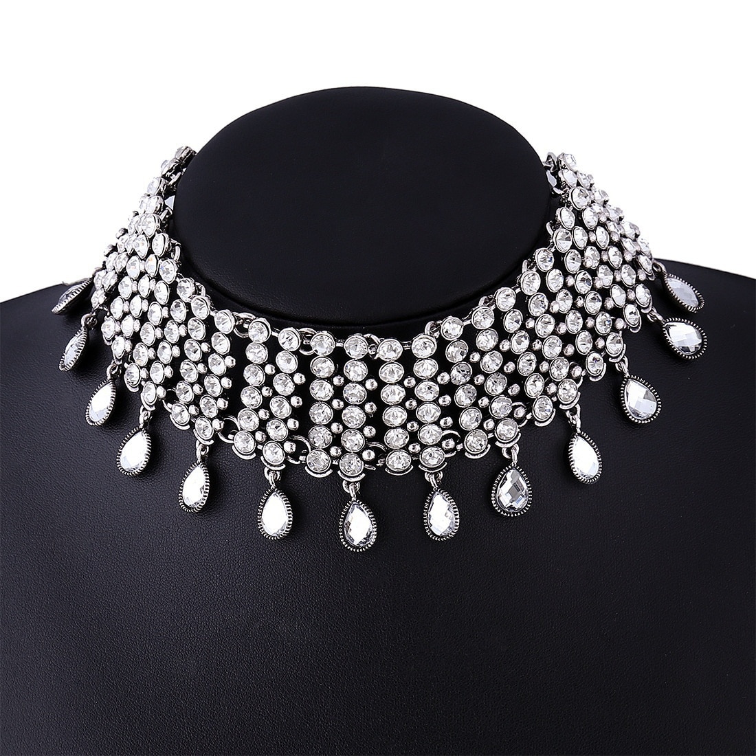 Wild Full Brilliant Crystal Rhinestone Choker Necklace Authentic Indian Bib Statement Necklaces for Women Lady Party Jewelry: Silver Plated