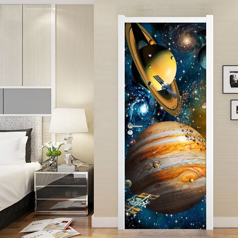 Selvklebende pvc dørklistremerke univers star sky planet 3d plakat fototapet for barnerom soverom dør veggmaleri klistremerker