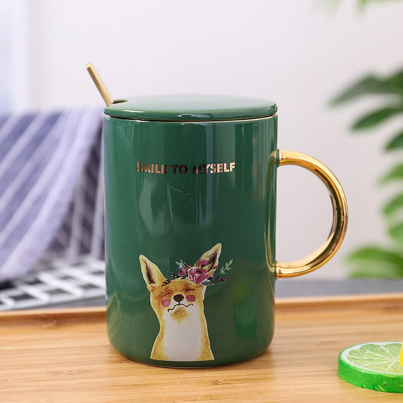 Guldgrønt hjorte mønster krus med ske låg, kontor business te krus drinkware krus, personlighed keramisk kaffekop: 01