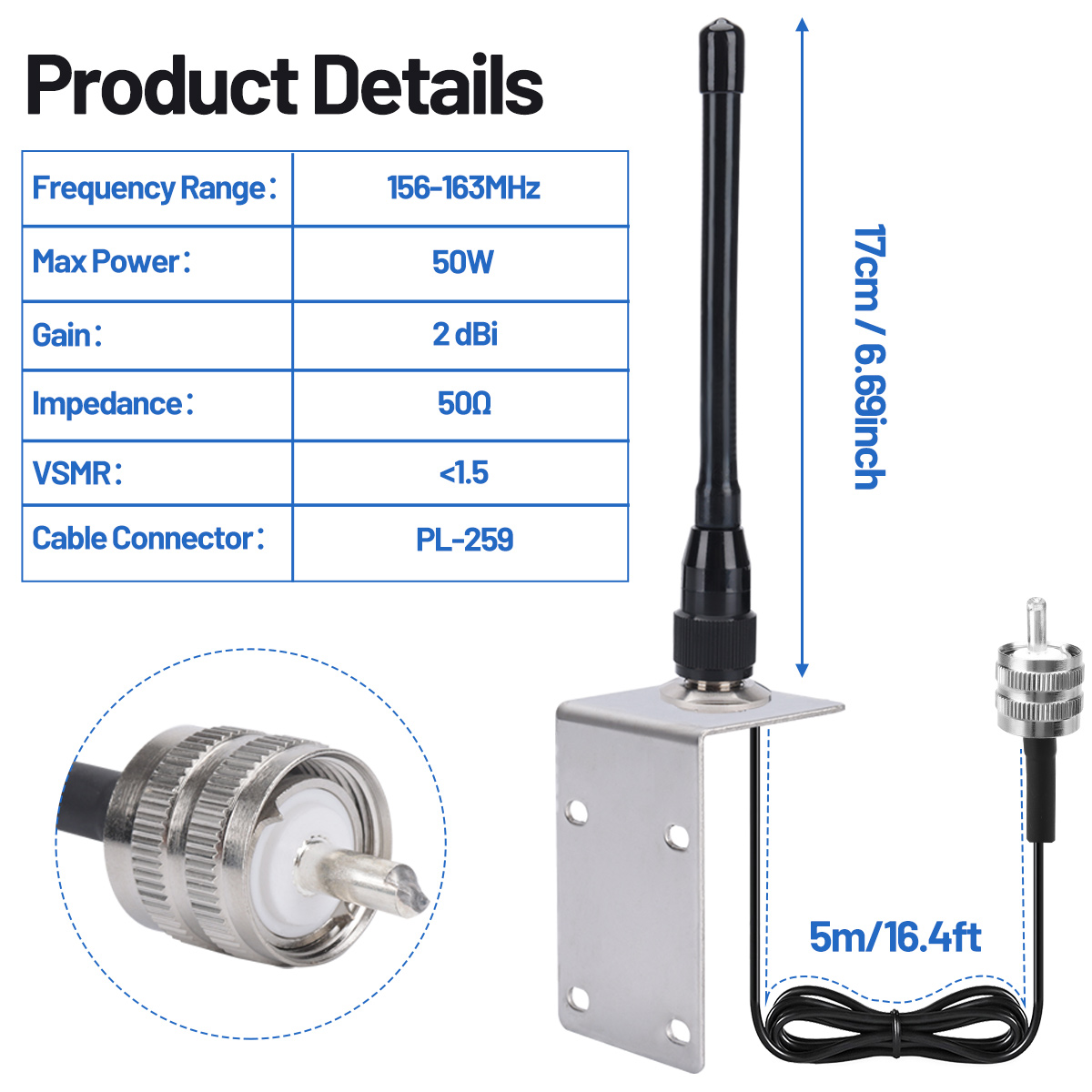 Abbree maritieme radioantenne met hoge versterking pl -259 mhz 156-163 waterdicht, voor golfkarretjes, atv's, utv's, vrachtwagens, graafmachines, tractoren, campers, jachten en boten.