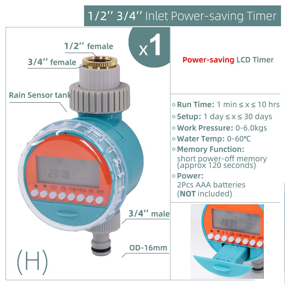 1PC Water Timer Rain Sensor Solar LCD Double Dial Ball Valve Controller Garden Watering Irrigation 1/2&#39;&#39;3/4&#39;&#39; Tap Joint Solenoid: H-1PC
