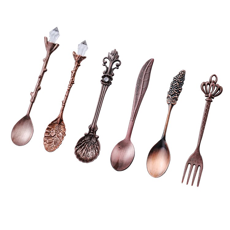 6Pcs Vintage Carved Retro Coffee Tea Spoons Set Mini Ice Cream Crystal Stirring Spoon Scoop Dessert Forks Mixing Sugar Spoon: Red Bronze