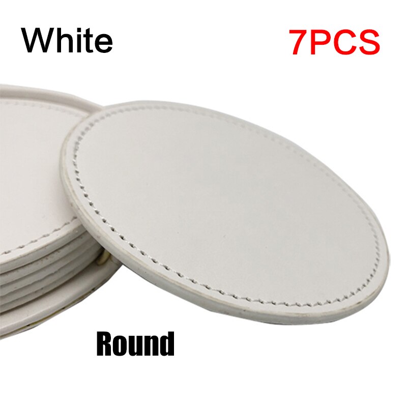 7 stk lær koppematter pu lær drikke dalbane sett holder cupcoaster sklisikker rund kaffekopp matte sett svart bordplate: 8