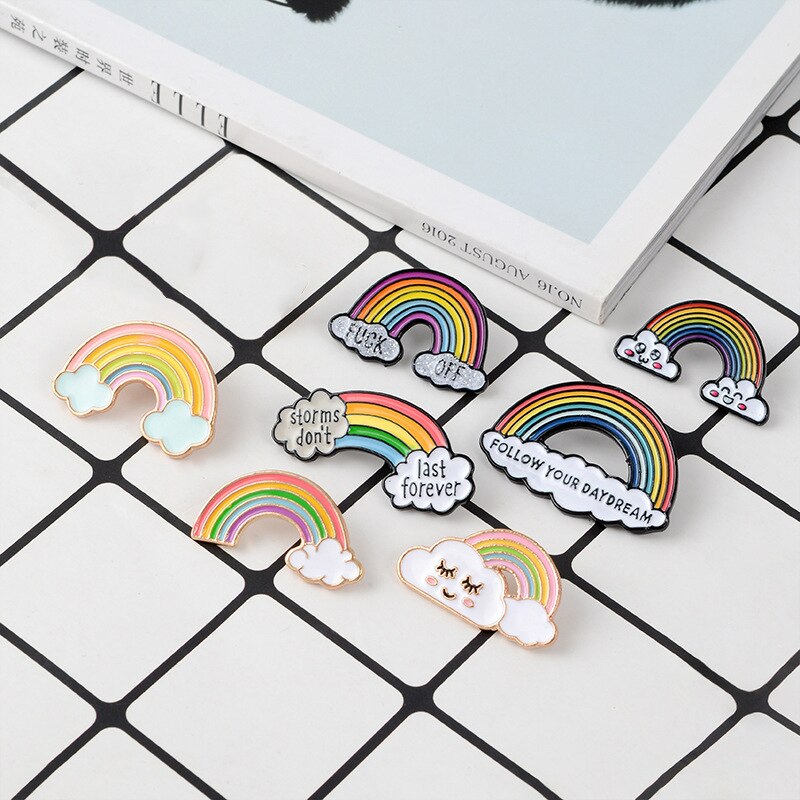 1 Stuk Leuke Cartoon Badge Regenboog Corsage Set Rainbow Cloud Geschilderd Metalen Broche Zak Jas Decoratie Broche Badge Revers Pin