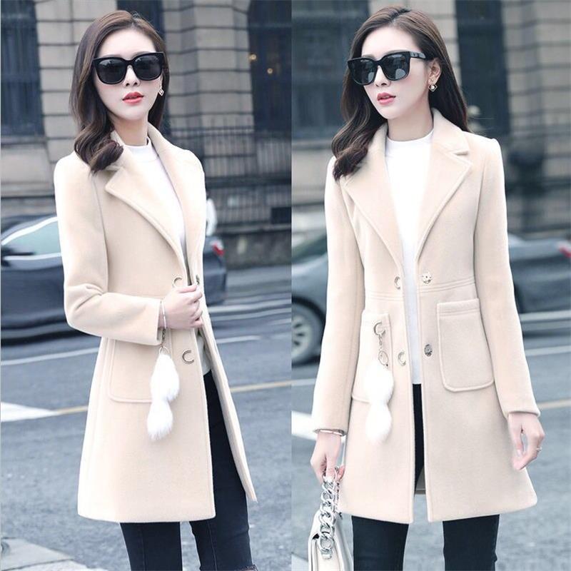 Blends Woolens Overcoat Female Coat Autumn Winter Coats And Jackets Women Plus size Coat Women's Wool Coats Long Tops: Beige / L