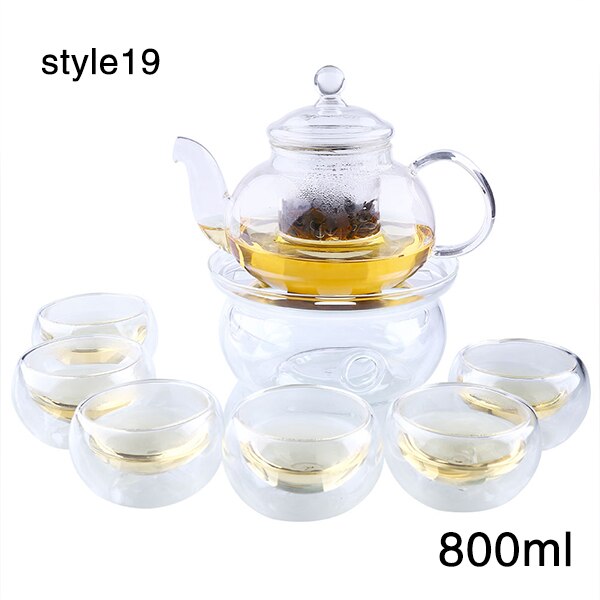 SOLEDI 800ml Clear Glass Sarafe Set Pot Infuser Teapot+Warmer+6 Tea Set Cup Borosilicate Heat Resistant Double Wall W/