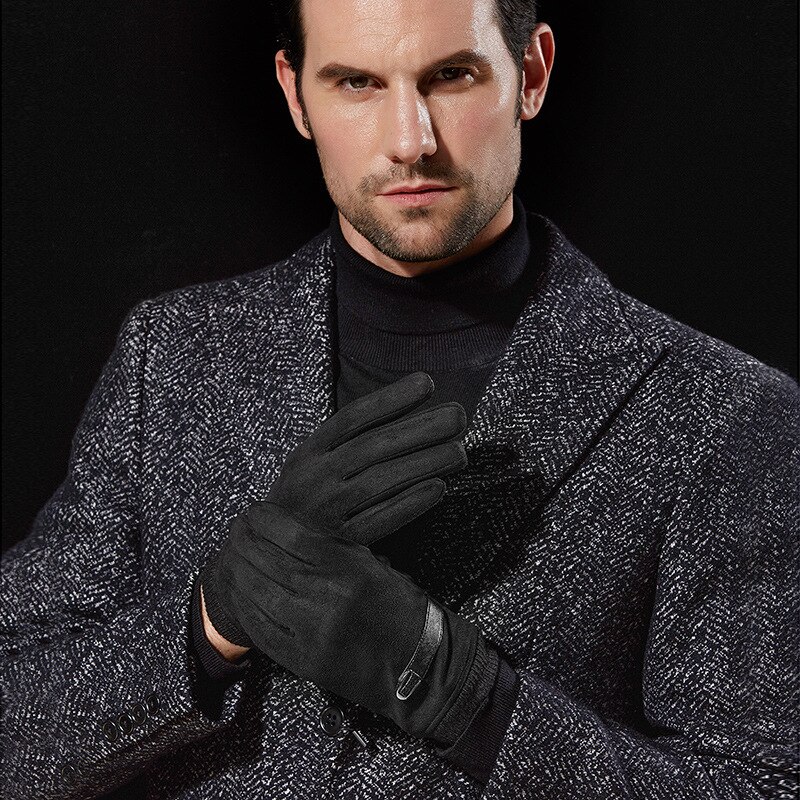 Guantes para conducir de gamuza para hombre, invierno, mantener el calor, además de terciopelo, pantalla gruesa, guantes de invierno a prueba de viento, cuenco de punto, boca, dedo completo: DY07 black