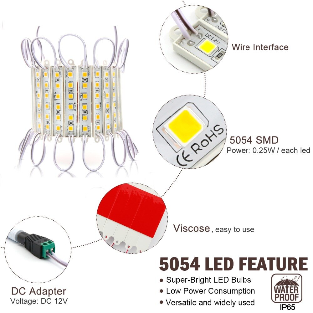 20-100PCS Super Bright LED Module SMD 5054 Warm White Light 6LED DC12V Waterproof Advertising Storefront LED Modules Strip Light