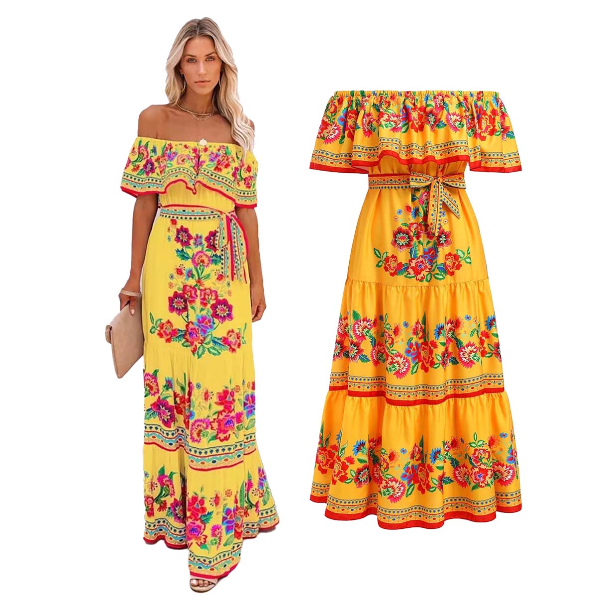 Mexican Traditional Ethnic Mexican Cinco De Mayo Summer Floral Print Off Shoulder Women Mexican Dress