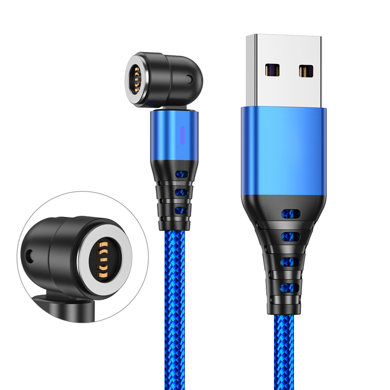 Câble magnétique rotatif 540 3A, charge rapide, Micro USB Type C, pour iPhone Xiaomi Huawei, chargeur magnétique, données de téléphone, cordon USB: Bleu / 0.3m