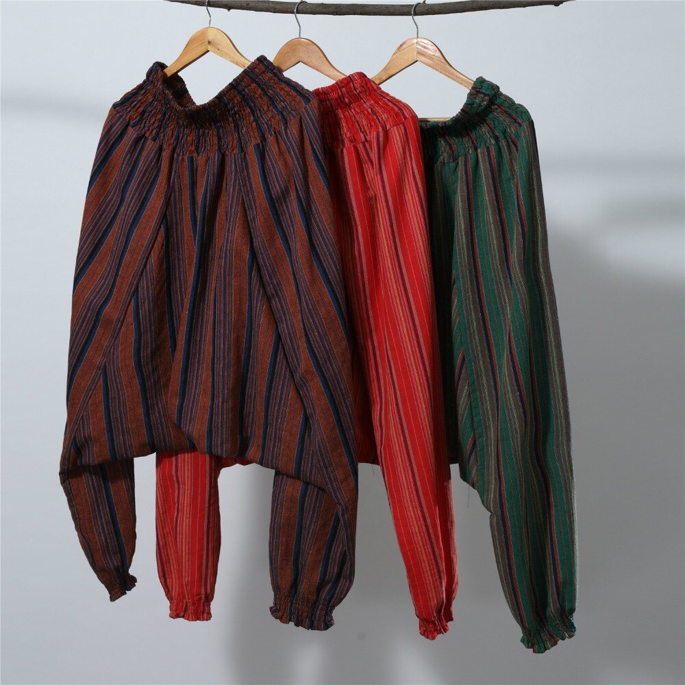 Pantalones bombachos de cintura elástica a rayas para hombre, pantalones de tiro caído fluidos de otoño, pantalones Harem de lino y algodón sueltos tradicionales para hombre, India 092303