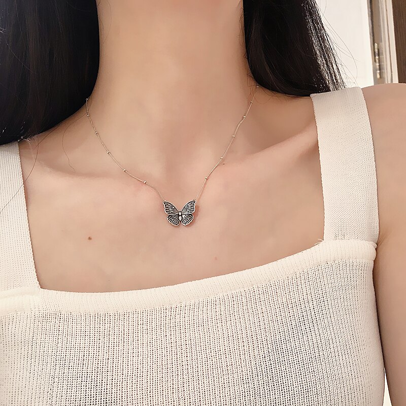 ANENJERY Arrivals Butterfly Pendant Thai Silver Color Necklace for Women Party Clavicle Chain Necklace Jewelry S-N649