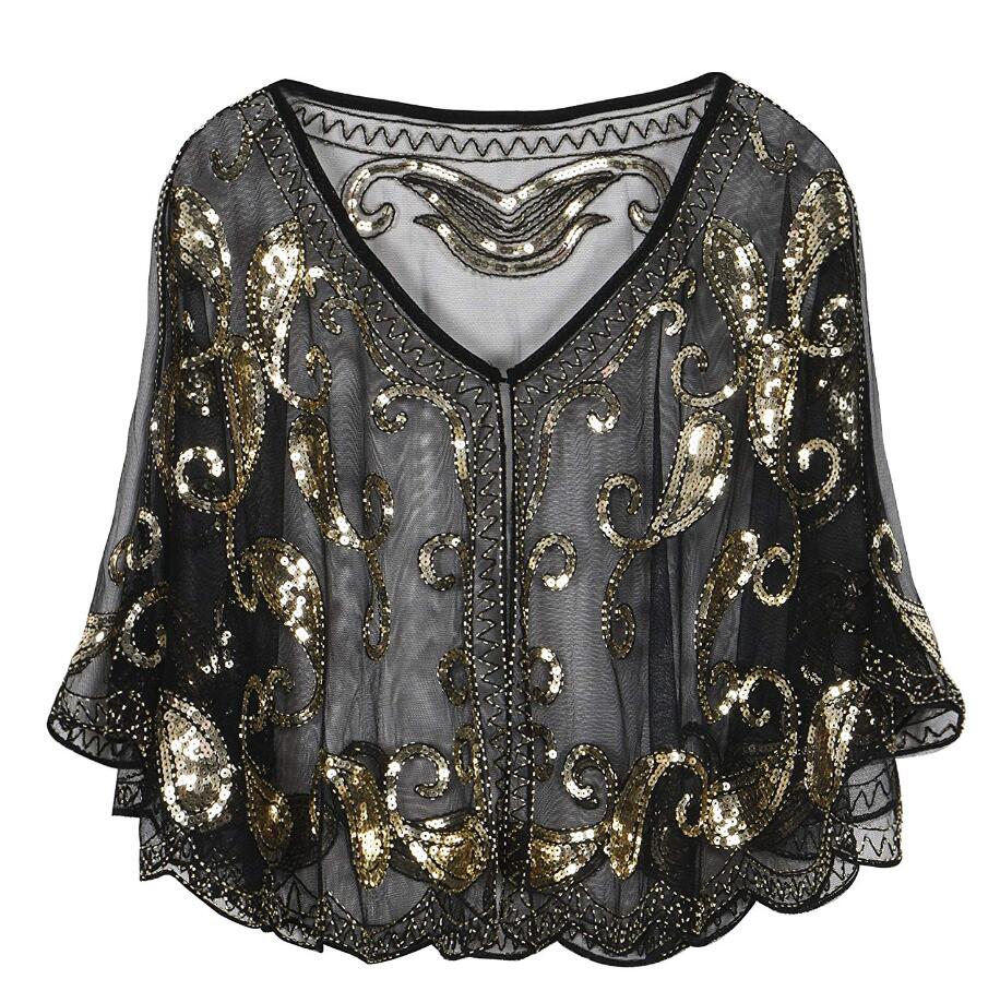JaneVini paillettes scintillantes Capes de soirée pour femmes or noir perles fête de mariage enveloppes de mariée Boleros manteau étoles Cape de mariée: Black Gold
