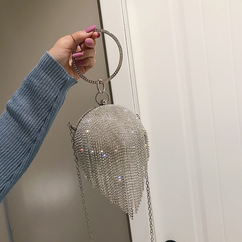 Luxury Round Tassel Diamonds Pu Leather Women Party Handbag Evening Bag Chain Purse Totes Bag Female Shoulder Bag