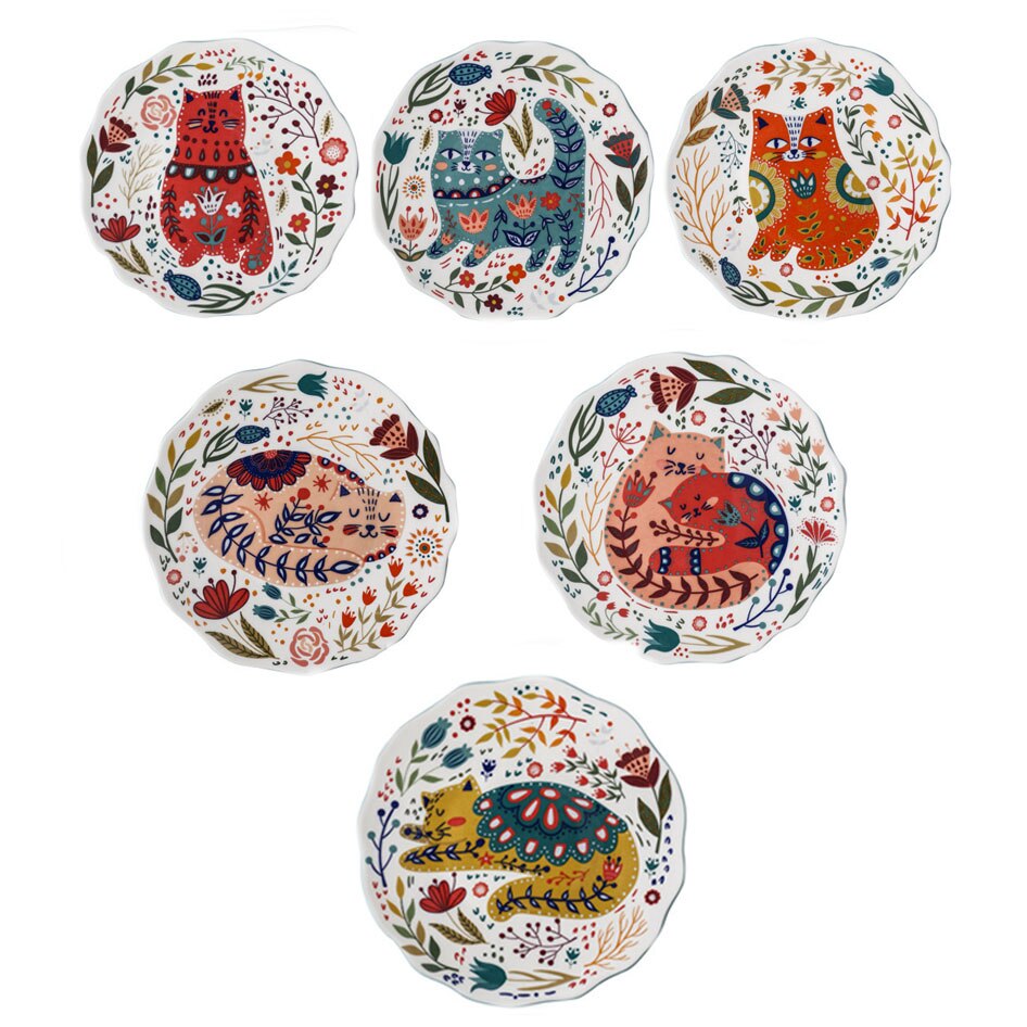8 inch Colorful Cat Dinner Plate Under-Glazed Ceramic Dinner Dishes Dessert Tray Flower Kitten Dinnerware Microwave Safe