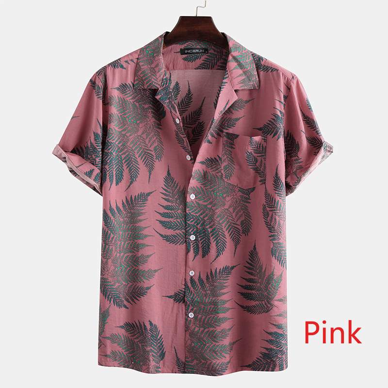 Utskrift män hawaiisk skjorta tropisk kortärmad semester 2022 kavajknapp manliga strandskjortor casual streetwear camisa incerun: Rosa / S