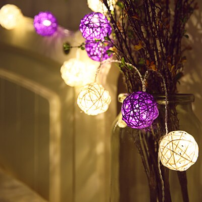 Guirlande lumineuse boule de rotin à 28led, 220V, 5M, 4cm, pour rideau de mariage, décoration de noël, pour patio, maison: white and purple