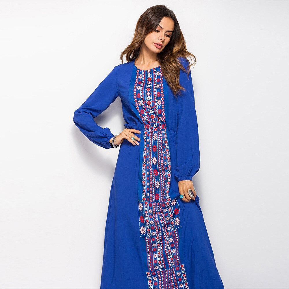 TEXIWAS, vestido de Negro Azul, kimono para mujer, estampado de flores, manga larga, bordado, vestido de línea A, Vestido largo de trabajo Floral