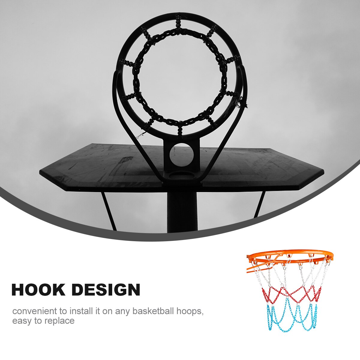 Robustes und langlebiges basketballnetz aus 3- farbig verzinktem manganstahl mit 12 schnallen