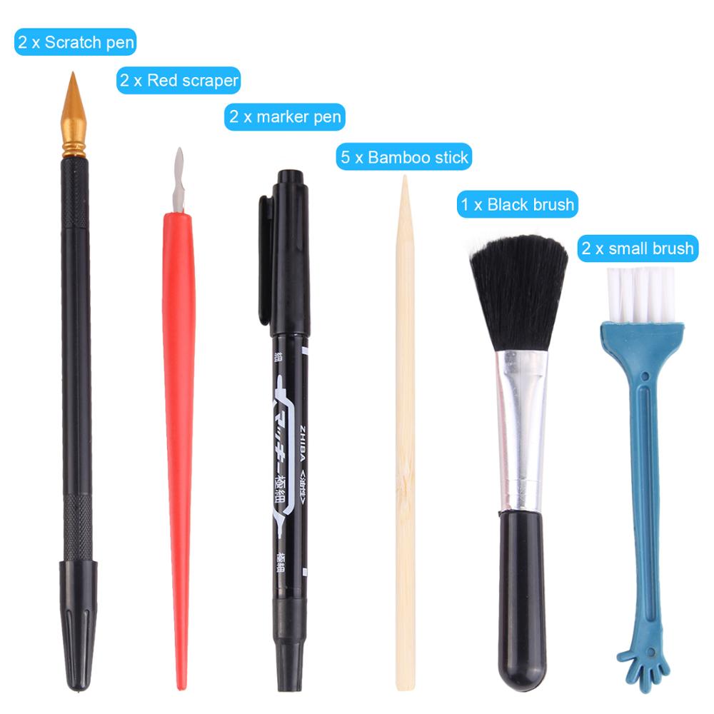 14PCS Scraping Painting Art Tools Set with Bamboo Stick Scraper Repair Pen Black Brush for Kids Children Birthday Christmas