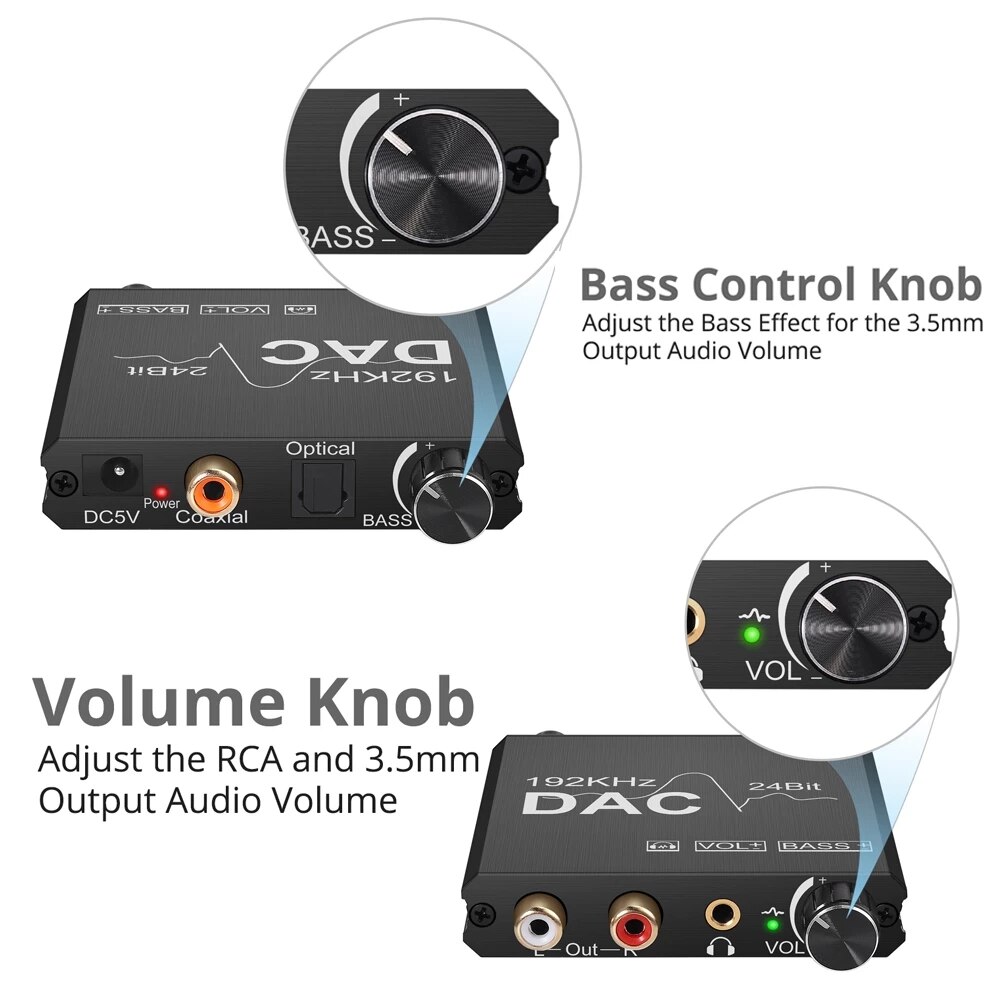 Adaptador óptico DAC Toslink SPDIF Coaxial a RCA 3,5mm Jack 24bit DAC Digital a analógico R/L, convertidor de Audio, compatible con PCM /LPCM