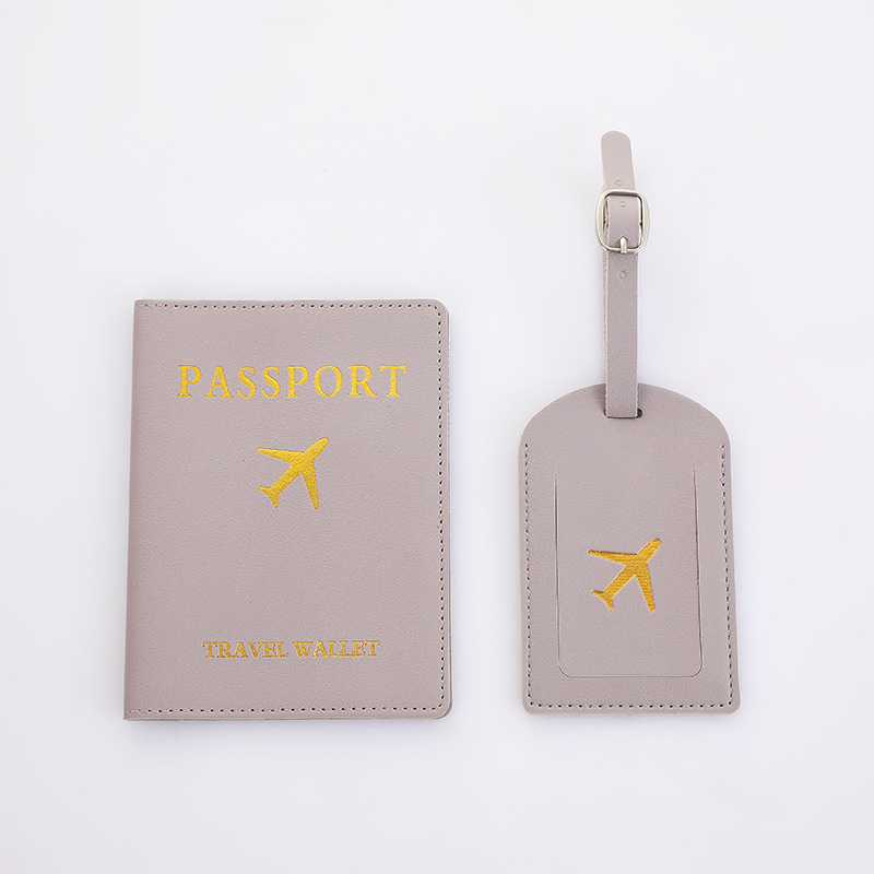 2Pcs/Set PU Travel Passport Cover Luggage Tag Suitcase Identifier Label Baggage Boarding Bag Tag Name ID Address Passport Holder: GRAY