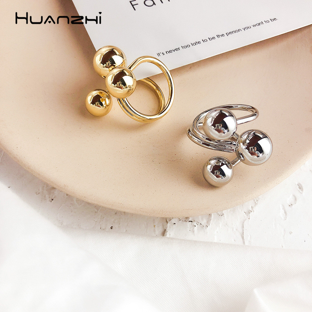 HUANZHI Exaggeration Gold Color Metal Ball Open Rings Simple Geometric Irregular Finger Rings for Women Party Jewelry