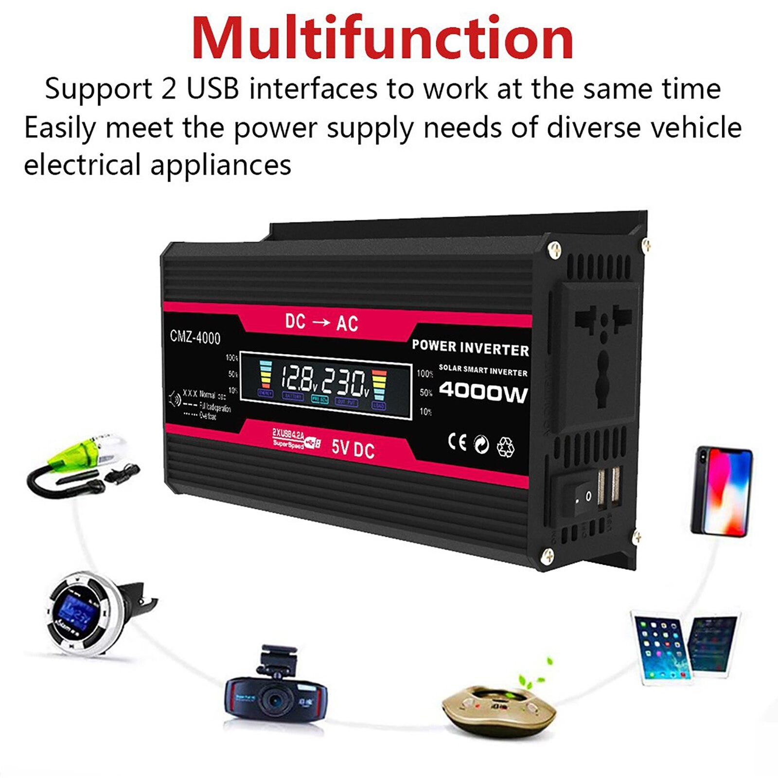 4000W LCD Display Solar Power Inverter 12V to 110V/220V Modified Sine Wave Solar Inverter with Battery Clip Cigarette Lighter