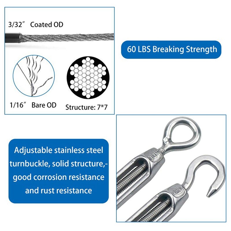 15Mx2mm Stainless Steel Cable with Steel Cable Outdoor Lamp Suspension Kit Thimble Clamp Wire and Cable Clamp