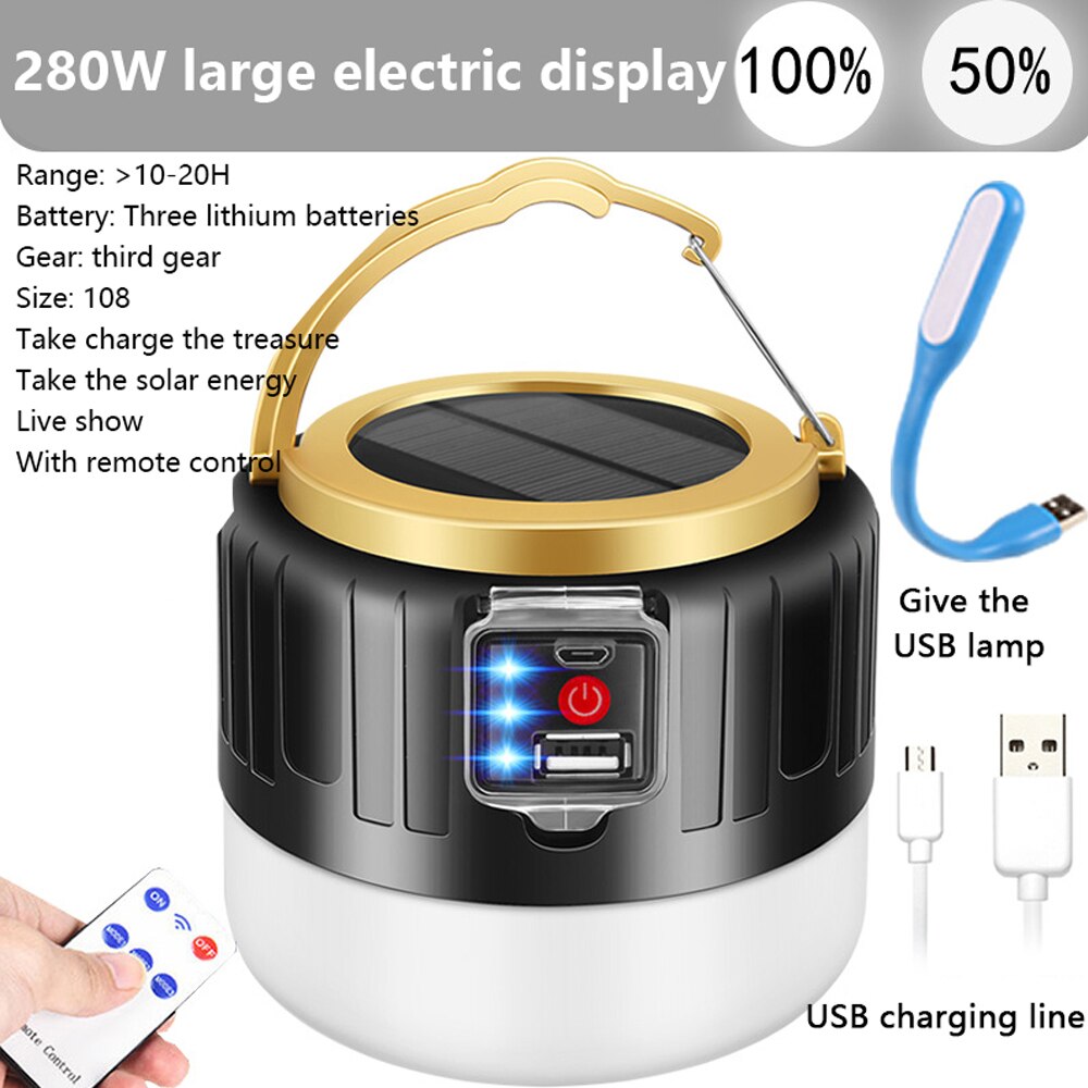 Portable Outdoor Solar Bulb Lanterns Light With Hook Camping BBQ Hiking Lamp USB Rechargeable Waterproof Emergency Tent Lights: 280W With solar