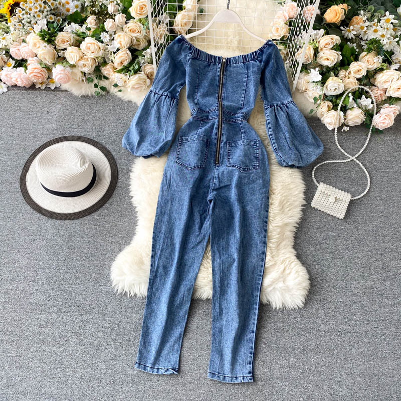 Gagarich kvinner denim jumpsuit sexy slash neck off-shoulder pufferm dame høst high street retro jeans bodysuit