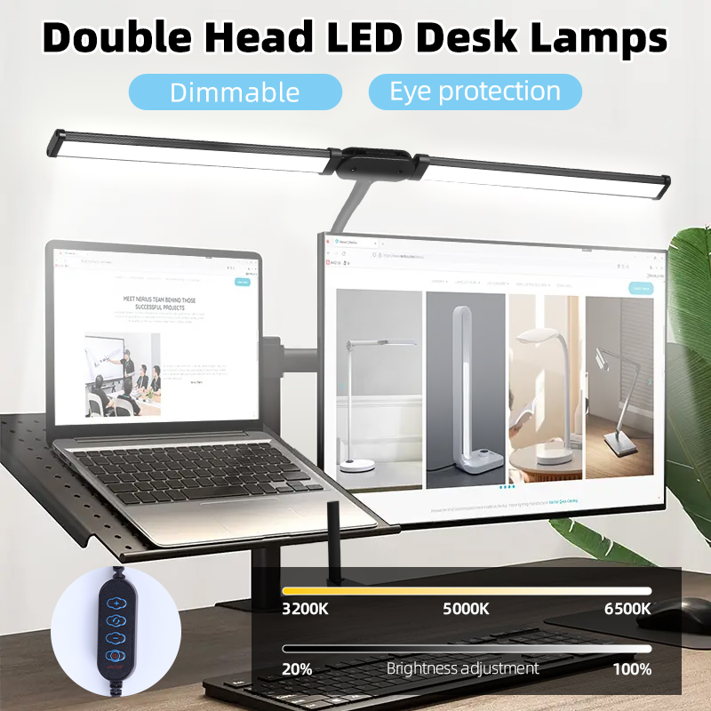 Double Head Desk LED Lamp, Suporte de luz de leitura, Luzes do monitor de tela larga para estudo e escritório USB Stepless, Lâmpada de mesa regulável, 24W
