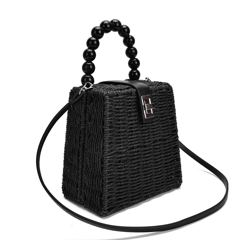 Neue weibliche stroh Tasche frauen umhängetasche papier seil perle griff handtasche Kasten Schulter Tasche Strand Taschen: Schwarz