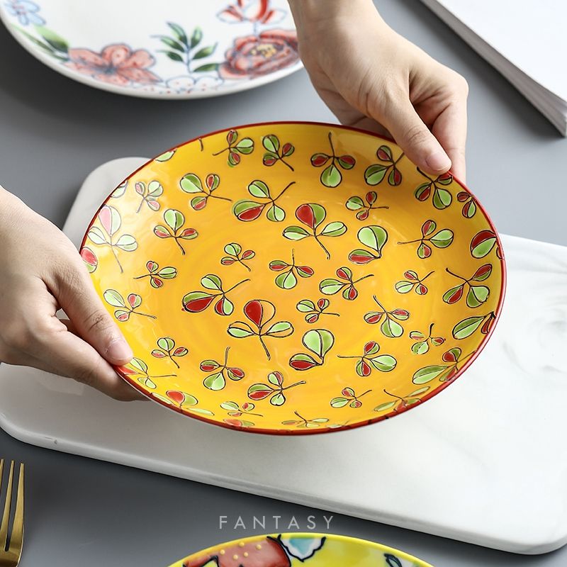 Foreign Trade Authentic Tableware Hand-Painted Relief Glazed Plate High-End Kitchen Plate Salad Steak Plate Sushi Plate