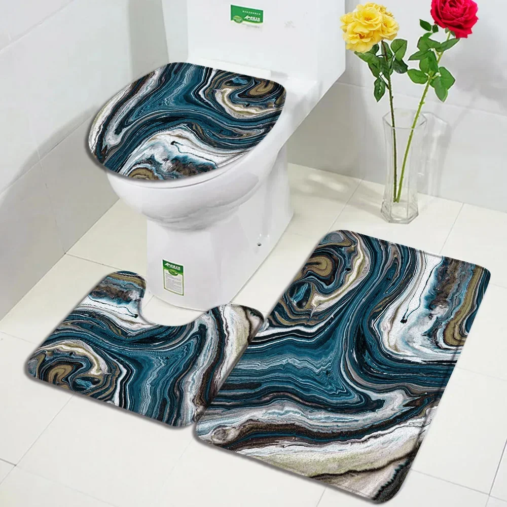 Abstract Black White Marble Bath Mat Set Geometric Texture Modern Carpet Home Bathroom Decor Non-slip Rugs Toilet Cover: Pink
