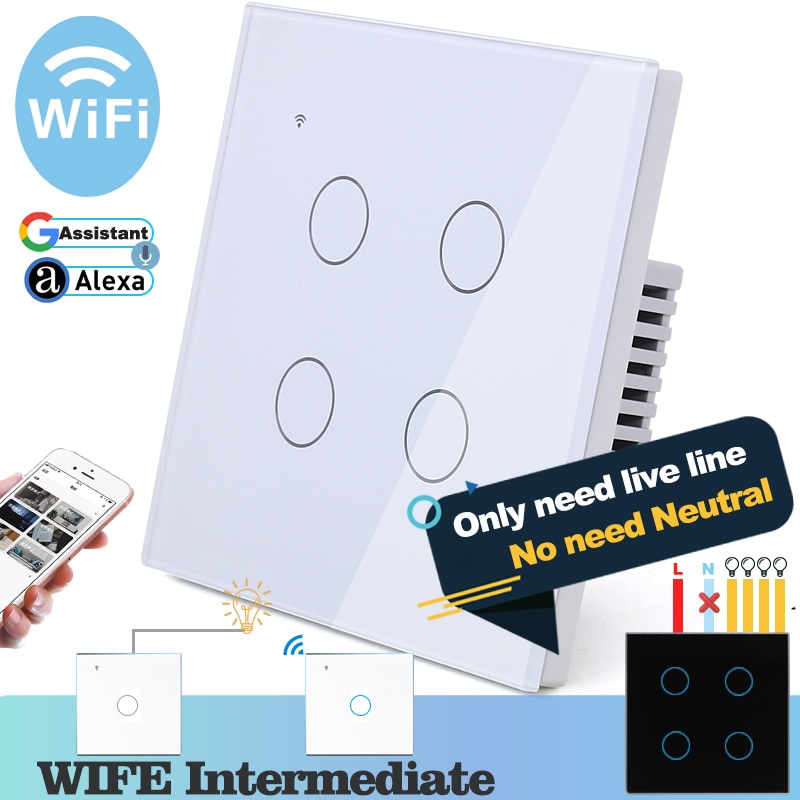 (No need neutral) WIFI Touch Light Wall Switch White Glass Blue LED Smart Home Phone Control 4 Gang 2 Way Alexa Google Home