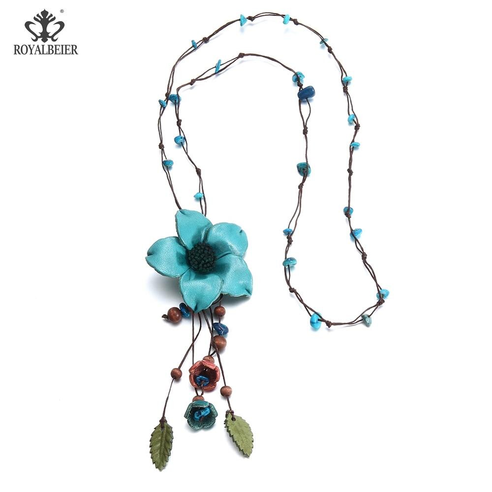 RoyalBeier 5 Kleuren Leer lucky Bloem Leaf Lange Hanger Ketting Bohemian Stijl Lederen Ketting Lange Vrouwen Ketting XL0148: XL0149c