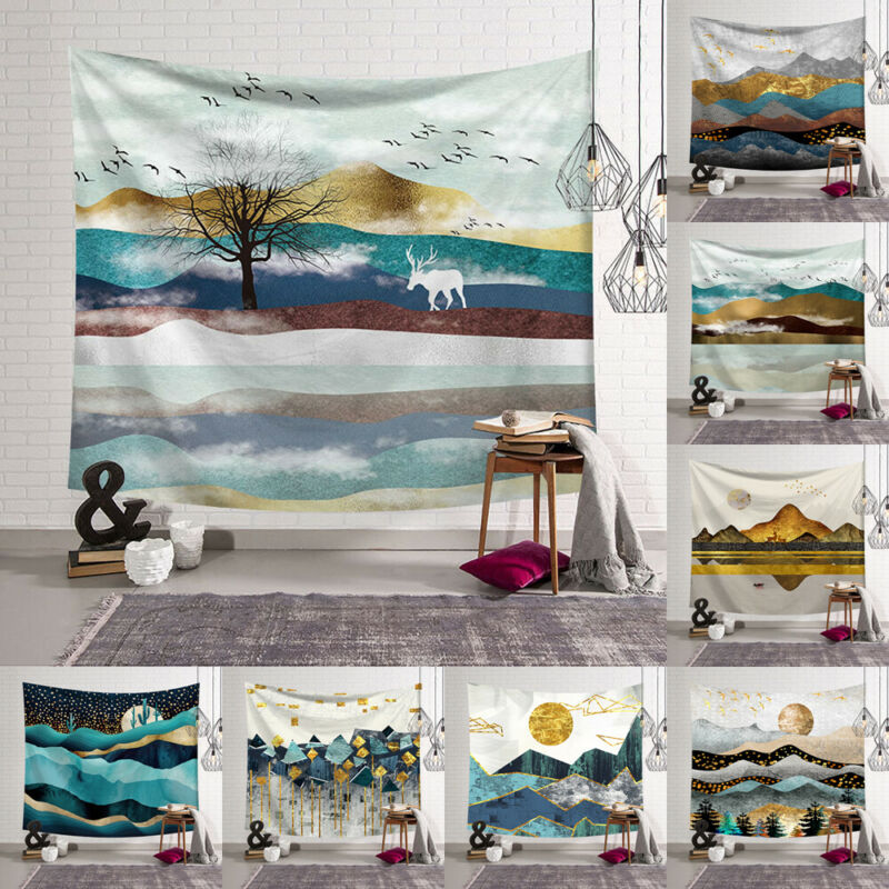 Art Deco Sun Moon Mountain Tapestry Forest Psychedelic Sun Moon Tree Mountain Tapestry Nordic Style Wall Hanging Room Home Decor