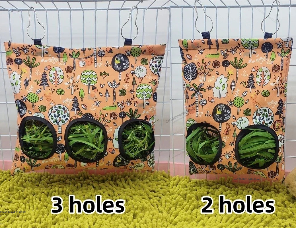 Bolsa de heno colgante con 2/3 agujeros para conejitos, conejillos de indias, comedero para animales pequeños, dispensadores de comida para conejos, accesorios para jaula, bolsa de alimentación para mascotas: M / Verde militar