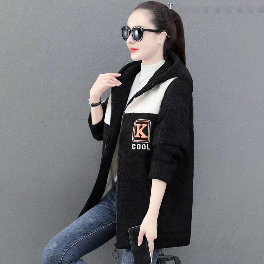 Damenjacke, Colorblock-Vlies-Kapuzenmantel mit Reißverschlusstaschen für Damen, warme Winter-Strickjacke-Jacke, mittellang, Schließfach