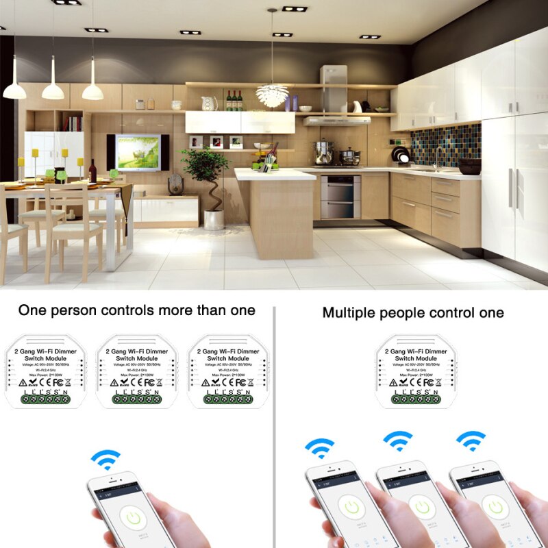 MS-105B WiFi Dimming Switch Module 2 Gang 2 Way WiFi LED Dimmer Module Light Switch Remote Control Module For Alexa/Google Home