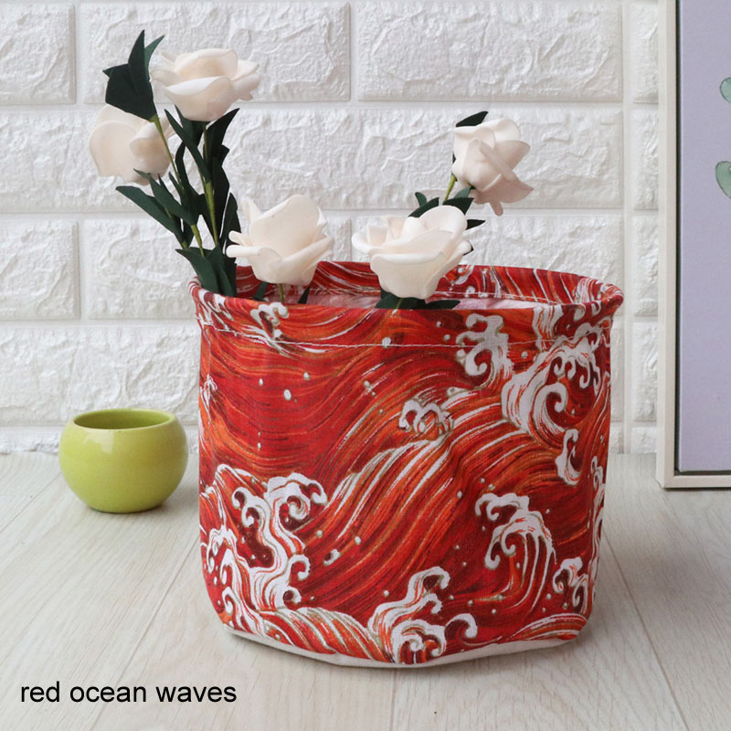 Kleine Diversen Opbergdoos Katoen Linnen Desktop Opslag Mand Leuke Tafel Ruimtebesparend Opbergzakken Multifunctionele Thuis Organizer: red ocean waves