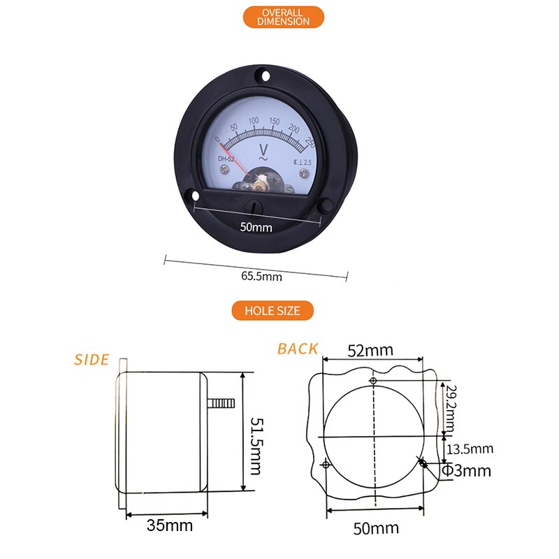 Dus-52/DH-52 Ac Analoge Voltmeter 5V10V15V20V30V40V50V100V150V200V250V300V400V500 Factory Direct Selling, Volledige Specificaties