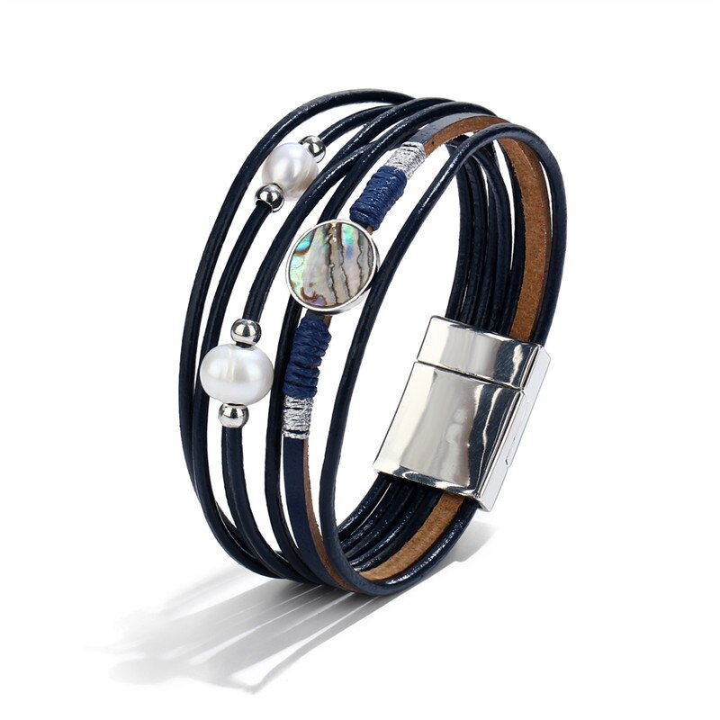 WENN MIR Jahrgang Simulierte Perle Stein Leder wickeln Armbinde für Frauen Männer Punk Reize mehrschichtig Magnet Schnalle Armbänder Schmuck: BJDY591 Blau