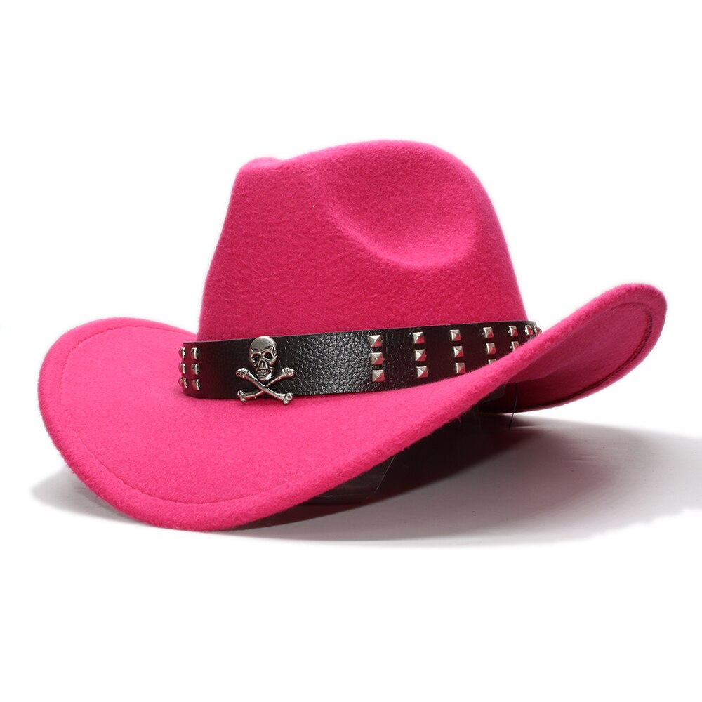 Sombrero de ala ancha de lana para niños, gorra de Fedora, banda de cuero con Calavera, Estilo Vintage Retro, vaquero, Occidental, ajustable, 54cm: Rose
